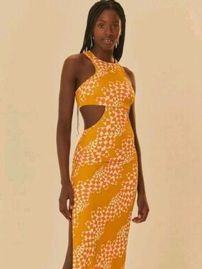 NWOT Farm Rio x Adidas XL Psychedelic Wave Maxi Dress Top Skirt Victory Gold Set